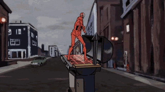 a cartoon drawing of a skeleton standing on top of a grill with the word uber on it