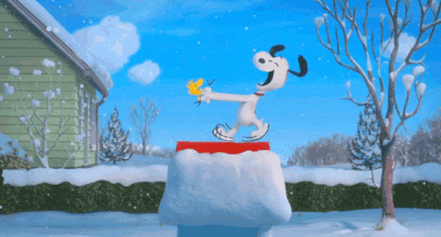 a cartoon of snoopy standing on top of a snow covered roof