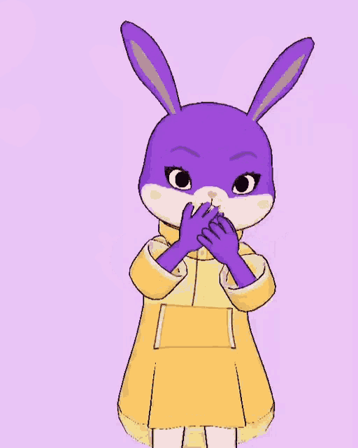 a cartoon of a purple bunny wearing a yellow dress