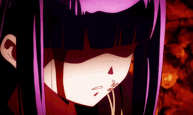 a close up of a girl with purple hair and a bloody nose