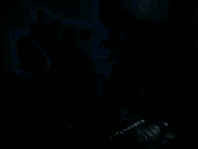 a blurry picture of a person in a dark room with a skeleton in the foreground