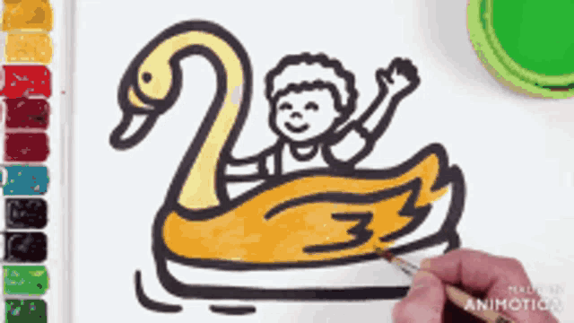 a person is drawing a boy in a swan float with a brush
