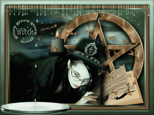 a picture of a witch with a pentagram and a book