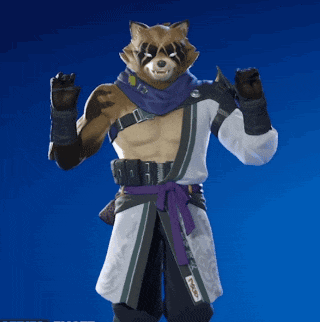 a raccoon with a purple scarf around his neck is waving his hands