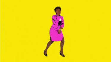 a woman in a pink dress is dancing on a colorful background .