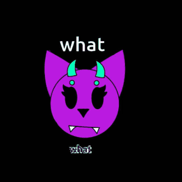 a purple cat with horns and teeth is asking what