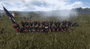 a large group of soldiers are standing in a field with a flag in the background