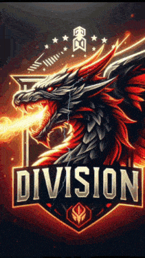 a logo for division with a dragon with fire coming out of its mouth .