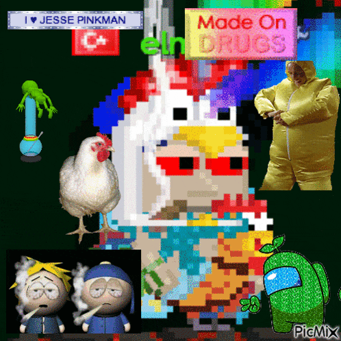 a collage of cartoon characters with a sign that says made on drugs on it