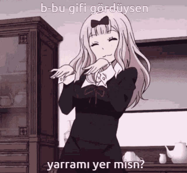 a girl in a black dress is dancing in front of a cabinet with the words b-bu gibi gorduysen yarrami yer misn