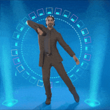 a man in a suit is dancing on a stage
