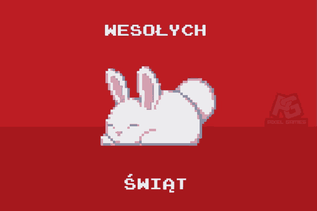 a pixel art of a white rabbit with the words wesolych and swiat