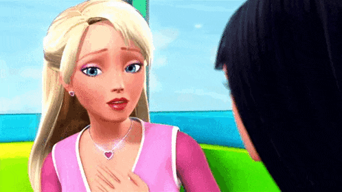 a barbie doll is talking to another barbie doll while wearing a necklace .