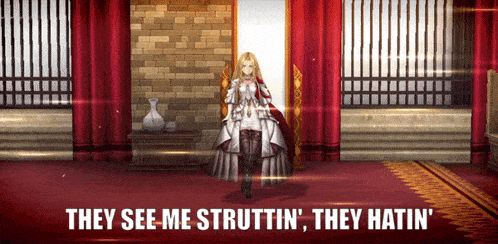 a woman in a white dress is standing in a room with the words they see me struttin ' they hatin