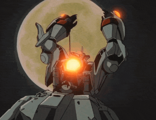 a close up of a robot with an orange light
