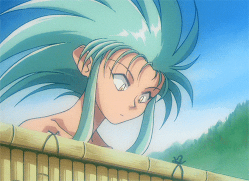 a cartoon character with long green hair is looking over a bamboo fence