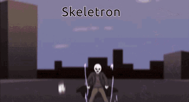 a cartoon of a skeleton standing in front of a city