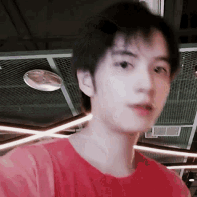 a young man in a red t-shirt is taking a selfie .