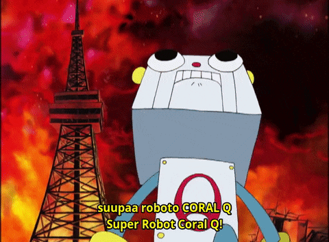 a cartoon character is holding a sign that says " super robot coral q "