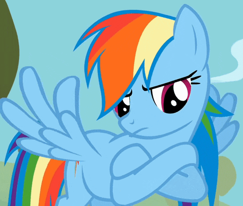 a blue pony with a rainbow mane and tail is making a peace sign