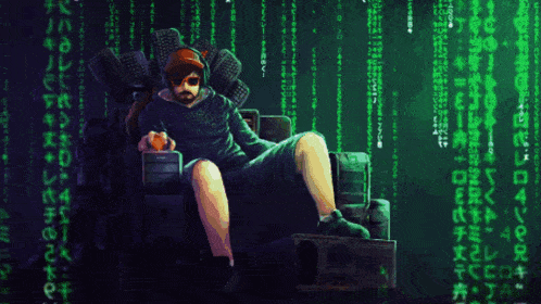 a cartoon of a man sitting on a throne with a green background with numbers