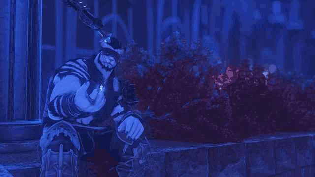a man with a mask on his face is holding a sword in his hand