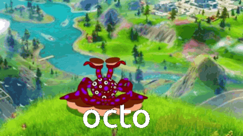 a cartoon octopus sitting on top of a grassy hill