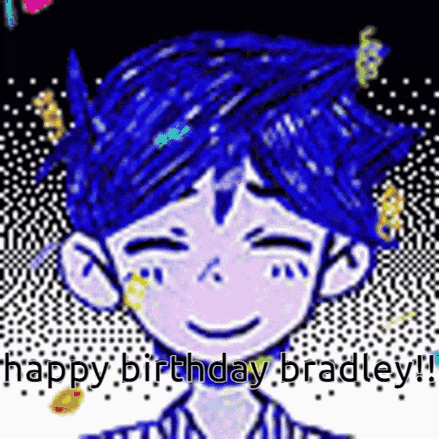 a cartoon character with blue hair is smiling and says happy birthday bradley !