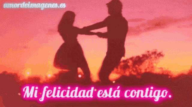 a silhouette of a man and a woman dancing with the words mi felicidad esta contigo in the background .