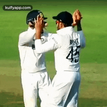 two cricket players are celebrating a wicket on a field .