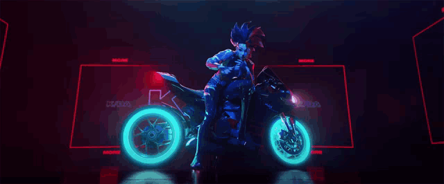 a person is riding a motorcycle in a dark room with the letters kda on the wall