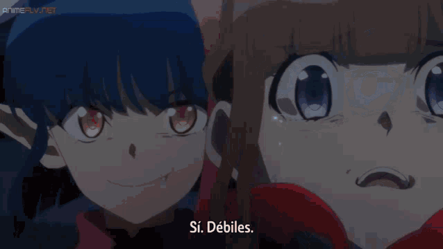 a close up of a blue haired anime character with a surprised look on her face .