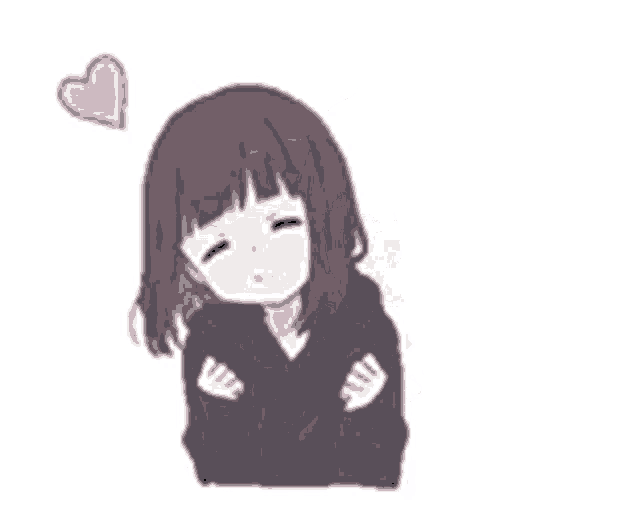 a little girl is hugging herself with a pink heart above her head .