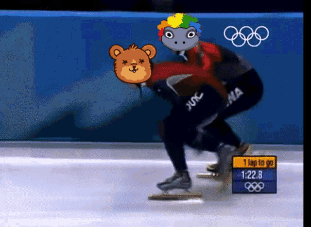 a cartoon of a bear and a hippo on ice skates with a sign that says 1 laps to go