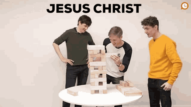 three men are playing jenga on a table with the words difficult on yourself written above them