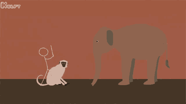 a stick figure is pointing at an elephant while another stick figure stands next to it