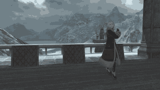 a woman in a fur coat stands on a balcony overlooking snow covered mountains