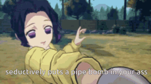 a girl is laying on the ground in a field with a pipe bomb in her ass .
