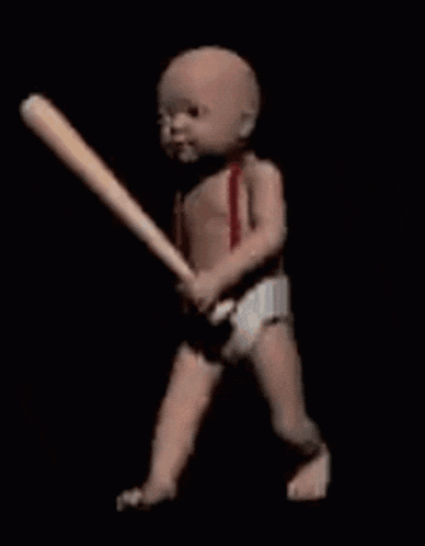 a baby doll in a diaper is walking on a black background .