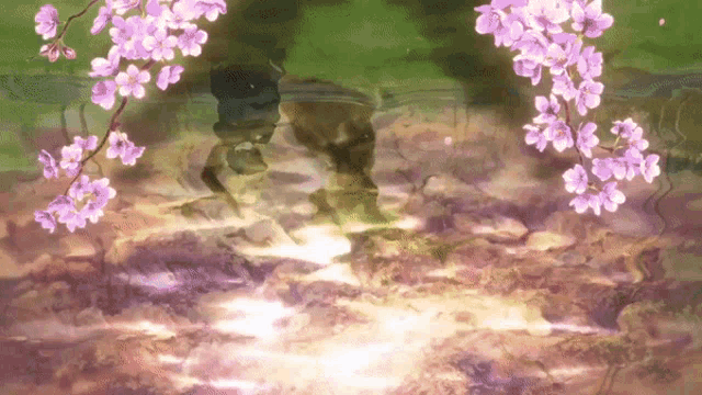 a painting of a person walking under a tree with purple flowers on it