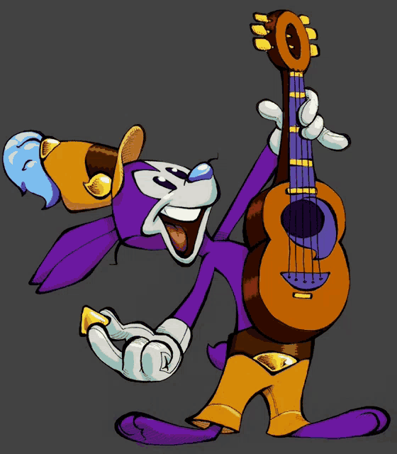 a cartoon character holding a guitar with the number 33 on his head