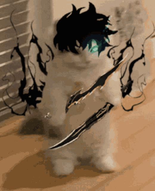 a cat with black hair and green eyes holding a large sword