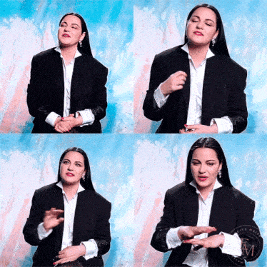 a woman wearing a black jacket and white shirt has many different expressions