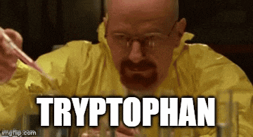 a man in a yellow jacket is holding a pipette and the word tryptophan is written above him