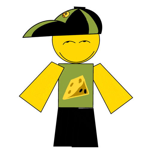 a cartoon character wearing a hat and a green shirt with a cheese slice on it