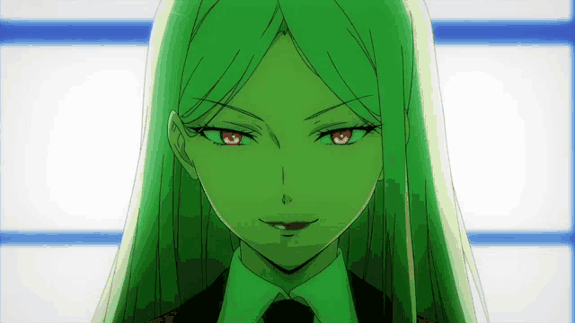 a woman with long green hair has red eyes