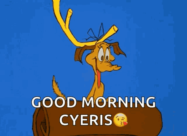 a cartoon deer is sitting on a log and says good morning cyeris