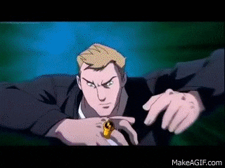 a man in a suit is wearing a ring on his wrist .