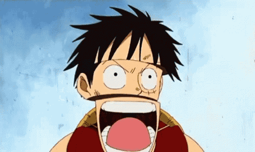 monkey d luffy from one piece is making a surprised face with his mouth open .