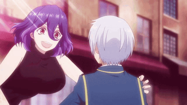 a girl with purple hair and red eyes stands next to a boy with white hair